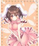  1girl alternate_breast_size animal_ears blush breasts brown_hair bunny_tail carrot dress inaba_tewi jewelry pendant puffy_sleeves rabbit_ears red_eyes short_hair solo tail touhou unushi 