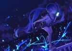  1girl blue_eyes blue_hair city hatsune_miku headphones long_hair night skirt solo twintails urbandusk very_long_hair vocaloid 