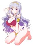  1girl barefoot bikini idolmaster kneeling long_hair matsunami_rumi shijou_takane silver_hair smile swimsuit violet_eyes 