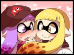 2girls artist_name baseball_cap blonde_hair blush cheek-to-cheek domino_mask eromame fang_out hand_on_another&#039;s_chin hat heart incipient_kiss inkling long_hair mask multiple_girls pointy_ears purple_hair splatoon sweat tentacle_hair twitter_username violet_eyes yellow_eyes yuri