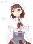  1girl :o ascot brown_eyes brown_hair capelet character_name glasses headdress kantai_collection long_sleeves maruki_(punchiki) pince-nez roma_(kantai_collection) short_hair twitter_username upper_body wavy_hair white_background 