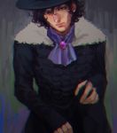  1boy ascot black_hair chromatic_aberration curly_hair hat jojo_no_kimyou_na_bouken magenta_magenta meron_nouka solo steel_ball_run 