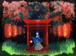  1boy blue_hair crescent_moon fox_mask grass japanese_clothes lantern male_focus mask mikazuki_munechika moon mou_(mooooow) object_namesake paper_lantern torii touken_ranbu tree 