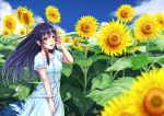  1girl black_hair dress flower hayate_(pixiv1185845) long_hair original solo sunflower yellow_eyes 