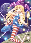  1girl american_flag american_flag_legwear american_flag_shirt blonde_hair blush breasts clownpiece dress earth fairy_wings hat jester_cap long_hair looking_at_viewer moon one_eye_closed open_mouth pantyhose pink_eyes polka_dot pose red_eyes short_hair short_sleeves sleeveless sleeveless_dress smile solo space star strapless_dress striped taishi_(moriverine) tongue tongue_out torch touhou upskirt v wings 