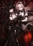  2girls air_defense_hime bare_shoulders black_bow black_gloves black_hair bow breast_grab breasts chain choker claws cleavage gloves gothic_lolita hair_bow hairband highres horns infukun kantai_collection large_breasts lolita_fashion long_hair looking_at_viewer multiple_girls navel open_mouth red_eyes seaplane_tender_hime shinkaisei-kan smile very_long_hair white_hair white_skin wrist_cuffs 