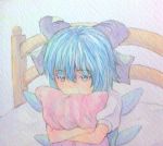  1girl acrylic_paint_(medium) bed blue_eyes blue_hair bow cirno graphite_(medium) hair_bow hug pillow pillow_hug short_hair sitting sitting_on_bed solo touhou traditional_media upper_body watercolor_(medium) yuyu_(00365676) 