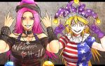  2girls american_flag_shirt blonde_hair bracelet breasts chain clothes_writing clownpiece collar earrings fangs hat hecatia_lapislazuli jester_cap jewelry large_breasts light_bulb long_hair multiple_girls nail_polish necklace pink_hair polka_dot puffy_sleeves ryuuichi_(f_dragon) sharp_teeth spiked_bracelet spikes touhou 