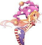 1girl american_flag_legwear american_flag_shirt back_cutout bent_over blush clownpiece fairy_wings fang hat jester_cap kuresento long_hair looking_at_viewer open_mouth pantyhose pink_eyes print_legwear profile short_sleeves simple_background smile solo star striped touhou white_background wings 