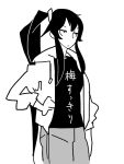  1girl alternate_costume black_hair callan_(callancoe) commentary_request hair_ribbon hand_on_hip hoodie kantai_collection long_hair monochrome open_clothes ponytail ribbon translation_request yahagi_(kantai_collection) 