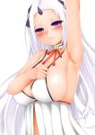  1girl arm_up armpits blush breasts closers highres huge_breasts long_hair looking_at_viewer mapar sideboob simple_background solo violet_eyes white_background white_hair 