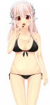  1girl bikini blush breasts candy cleavage headphones highres large_breasts lollipop long_hair looking_at_viewer navel nitroplus open_mouth pink_hair red_eyes rinyan_suzu solo super_sonico swimsuit 