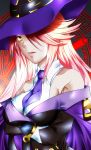  1girl blazblue blazblue_phase_0 breasts crossed_arms hair_over_one_eye hat highres konoe_a_mercury large_breasts long_hair magic_circle necktie off-shoulder_dress parted_lips pink_hair solo witch_hat yellow_eyes yuruyuru 