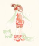  1girl aqua_hair beanie bike_shorts domino_mask hands_in_pockets hat inkling jacket letterman_jacket looking_at_viewer mask shoes sidelocks simple_background sneakers solo splatoon squid standing tentacle_hair touma_(hoistenshi) yellow_eyes 
