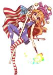  1girl american_flag american_flag_legwear american_flag_shirt blonde_hair clownpiece fang flag full_body hat jester_cap kuresento looking_at_viewer open_mouth pantyhose print_legwear red_eyes revision simple_background sleeveless smile solo star striped touhou white_background 