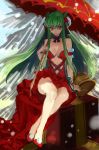 1girl bow breasts c.c. cleavage code_geass creayus dress full_body gift green_hair hair_ornament hair_ribbon holding large_bow light_smile long_hair looking_at_viewer red_dress red_shoes ribbon shoes sitting solo twitter_username umbrella very_long_hair 