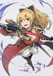  1girl :d bangs black_bow black_gloves black_legwear blonde_hair bow breasts cleavage dress empty_eyes from_above gloves granblue_fantasy hair_between_eyes hair_bow haoni large_breasts long_hair open_mouth pantyhose perspective red_eyes shoulder_pads sidelocks smile solo thigh-highs vila 