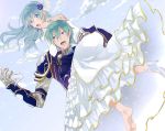  aqua_eyes aqua_hair armor bare_shoulders barefoot dress eirika elbow_gloves ephraim fire_emblem fire_emblem:_seima_no_kouseki flower g_ioko gloves hair_flower hair_ornament high_heels wedding_dress 