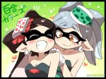 &gt;_&lt; +_+ 2girls :d artist_name bare_shoulders black_hair blush breasts callie_(splatoon) cleavage closed_eyes commentary_request cousins domino_mask dress earrings eromame eyebrows gloves grey_hair hair_bun heart jewelry long_hair marie_(splatoon) mask massage multiple_girls nintendo open_mouth pointy_ears smile splatoon splatoon_(series) symbol-shaped_pupils tentacle_hair thick_eyebrows translation_request white_gloves xd