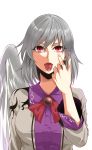  1girl akanbe bow grey_hair hands highres kakao_(noise-111) kishin_sagume looking_at_viewer red_eyes shirt short_hair simple_background single_wing solo tongue tongue_out touhou upper_body vest white_background wings 
