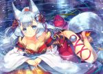 1girl animal_ears barefoot blue_eyes blush breasts capura_lin cleavage detached_sleeves fan folding_fan granblue_fantasy hair_ribbon large_breasts long_hair looking_at_viewer ponytail revision ribbon silver_hair socie_(granblue_fantasy) tail very_long_hair water wolf_ears wolf_tail 