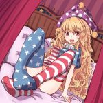  1girl american_flag_legwear american_flag_shirt blush clownpiece convenient_censoring convenient_leg dutch_angle fangs full_body hat head_tilt jester_cap jpeg_artifacts long_hair oimo_(imoyoukan) on_bed open_mouth orange_hair print_legwear red_eyes short_sleeves sitting smile solo star striped touhou 