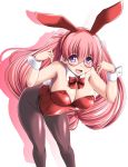  1girl animal_ears bent_over bowtie breasts bunny_tail bunnysuit cleavage detached_collar glasses log-mi_(tonpuu) long_hair original pantyhose pink_hair rabbit_ears tail tonpuu twintails violet_eyes wrist_cuffs 