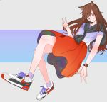  1girl alternate_costume animal_ears basket brown_hair casual dress imaizumi_kagerou long_hair looking_at_viewer oasis-lyla red_eyes smile solo tagme touhou v wolf_ears 