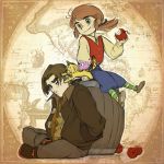  2boys 70s alien apple barrel brown_hair cat child crossover disney dual_persona eating eyebrows food freckles fruit jacket jim_hawkins jumping map multiple_boys oldschool parhart parody pet ponytail science_fiction sitting slime steampunk tagme takarajima thick_eyebrows treasure_island treasure_planet 