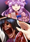  1girl corpse d: e.o. eye_socket hat highres houraisan_kaguya mob_cap mummy no_eyes open_mouth patchouli_knowledge photo purple_hair scared sharp_teeth solo surprised sweat touhou violet_eyes 