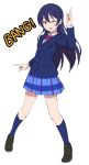  1girl blazer finger_gun leon_7 long_hair long_sleeves love_live!_school_idol_project one_eye_closed open_mouth pleated_skirt purple_hair revision school_uniform shirt skirt smile solo sonoda_umi very_long_hair yellow_eyes 