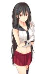  1girl adjusting_clothes adjusting_gloves black_hair breasts brown_eyes cleavage gloves groin highres kanpyo_(hghgkenfany) kantai_collection long_hair looking_at_viewer navel red_skirt school_uniform serafuku skirt solo white_background white_gloves yahagi_(kantai_collection) 