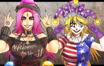  2girls american_flag_shirt blonde_hair bracelet breasts chain clothes_writing clownpiece collar crescent cross earrings eyeshadow facepaint fangs hat hecatia_lapislazuli inverted_cross jester_cap jewelry large_breasts light_bulb long_hair makeup multiple_girls nail_polish necklace pink_hair polka_dot puffy_sleeves ryuuichi_(f_dragon) sharp_teeth spiked_bracelet spikes star touhou 
