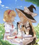  2girls alice_margatroid alternate_costume apron blush braid closed_eyes couple hairband hat highres kirisame_marisa long_hair meng_ziya multiple_girls open_mouth short_hair side_braid touhou waist_apron witch_hat wrist_cuffs yuri 