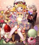  1girl blonde_hair chair company_name food food_as_clothes fruit goroo long_hair looking_at_viewer macaron majoca_majoluna official_art open_mouth pancake sitting solo strawberry thighhighs twintails wink 