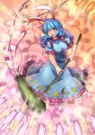  1girl animal_ears blue_dress blue_hair breasts crescent dress large_breasts long_hair mallet older open_mouth puffy_short_sleeves puffy_sleeves rabbit_ears red_eyes seiran_(touhou) short_sleeves solo star_print touhou umigarasu_(kitsune1963) 