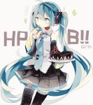  1girl aqua_eyes aqua_hair cake character_name detached_sleeves eating food hatsune_miku long_hair necktie skirt solo thigh-highs twintails very_long_hair vocaloid white_background youshun_(sugafo) 