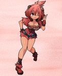  1girl black_legwear borokuro breasts camerupt cleavage hair_ornament hand_on_hip highres one_eye_closed open_mouth personification pink_eyes pointing pointing_up pokemon redhead shoes solo 