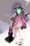  1girl adapted_costume animal_ears bandages dated goggles goggles_on_head green_eyes green_hair highres kasodani_kyouko long_sleeves looking_at_viewer mittens namauni shirt signature skirt solo steampunk touhou vacuum_cleaner 