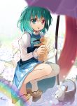  1girl cat efe flower geta heterochromia hydrangea juliet_sleeves karakasa_obake kitten long_sleeves looking_at_viewer puffy_sleeves rain rainbow shirt skirt solo squatting tatara_kogasa tongue tongue_out touhou umbrella vest 