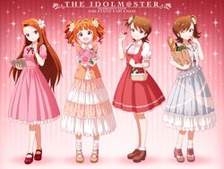  4girls basket blue_eyes book bouquet bracelet broccoli brown_hair fashion finger_to_cheek flower food fruit futami_ami futami_mami grin hair_flower hair_ornament hairband highres idolmaster jewelry key_necklace loaf_of_bread looking_at_viewer minase_iori multiple_girls one_eye_closed open_mouth orange_hair outsider_0 red_eyes revision ribbon siblings side_ponytail sisters smile sparkle strawberry takatsuki_yayoi twins twintails wine_bottle 