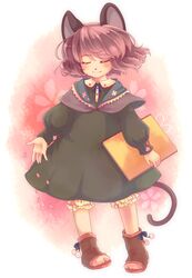  1girl alternate_costume animal_ears closed_eyes contemporary dress grey_hair iris_anemone mouse_ears mouse_tail nazrin notebook short_hair smile solo tail touhou 