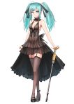  1girl ahoge aqua_eyes aqua_hair black_legwear black_shoes cane full_body garter_straps hair_ribbon hatsune_miku high_heels highres long_hair mary_janes ribbon shijiu_(adamhutt) shoes simple_background solo thigh-highs twintails vocaloid white_background 