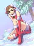  1girl bell boots brown_eyes brown_hair christmas chun-li double_bun dress earrings elbow_gloves fur_trim gloves jewelry red_dress red_gloves santa_costume seed01010 short_dress sitting sleeveless sleeveless_dress snow snowman solo street_fighter 