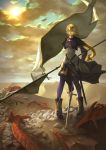  1girl armor artist_request banner blonde_hair blue_eyes boots clouds fate/grand_order fate/stay_night fate_(series) flag highres long_hair polearm ruler_(fate/apocrypha) solo spear sun sword thigh-highs weapon 