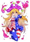  1girl american_flag american_flag_legwear american_flag_shirt blonde_hair blush breasts clownpiece fairy_wings hand_on_own_cheek hat highres ishimu jester_cap large_breasts long_hair looking_at_viewer open_mouth pantyhose polka_dot print_dress red_eyes short_hair short_sleeves simple_background smile solo star striped torch touhou very_long_hair white_background wings 