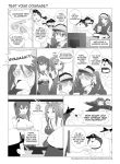 1boy 3girls :d admiral_(kantai_collection) bell bell_collar collar comic commentary crossover doraemon doraemon_(character) glasses hat headband highres kantai_collection magatama military military_uniform monochrome multiple_girls naval_uniform nobi_nobita open_mouth peaked_cap ponytail ryuujou_(kantai_collection) smile taihou_(kantai_collection) translation_request twintails unconscious uniform visor_cap wangphing zuihou_(kantai_collection) 