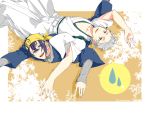  2boys bandana blue_eyes blue_hair japanese_clothes lying lying_on_person male_focus mikazuki_munechika mou_(mooooow) multiple_boys open_mouth smile touken_ranbu tsurumaru_kuninaga white_hair yellow_eyes 