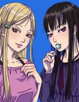  2girls black_hair blonde_hair brown_eyes candy dress eating hair_ornament hairclip hidaka_koharu high_score_girl hime_cut lips lollipop long_hair looking_at_viewer multiple_girls naughty_face older oono_akira smile sucking 