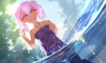 1girl alternate_hairstyle blush dark_skin fate/kaleid_liner_prisma_illya fate_(series) kuro_(fate/kaleid_liner) long_hair looking_at_viewer observerz one-piece_swimsuit open_mouth pink_hair smile solo swimsuit twintails water wet yellow_eyes 